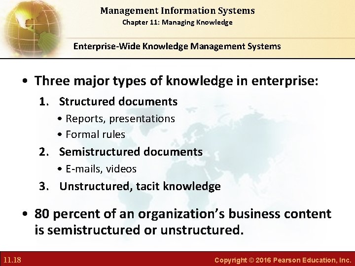 Management Information Systems Chapter 11: Managing Knowledge Enterprise-Wide Knowledge Management Systems • Three major