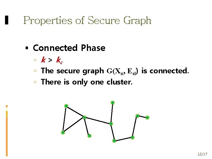 Properties of Secure Graph Connected Phase k > kc The secure graph G(Χn, Εsl)