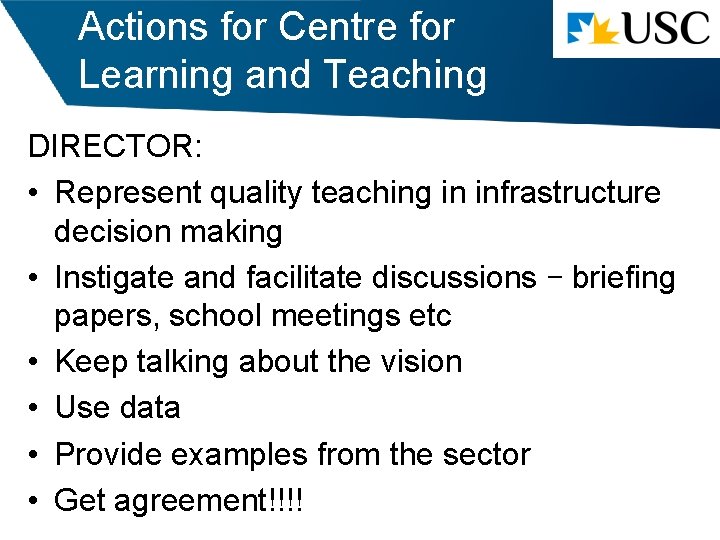 Actions for Centre for Learning and Teaching DIRECTOR: • Represent quality teaching in infrastructure