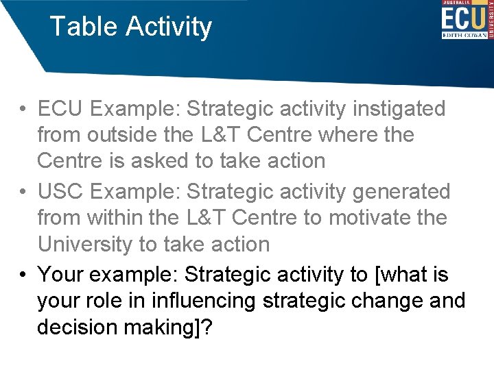 Table Activity • ECU Example: Strategic activity instigated from outside the L&T Centre where