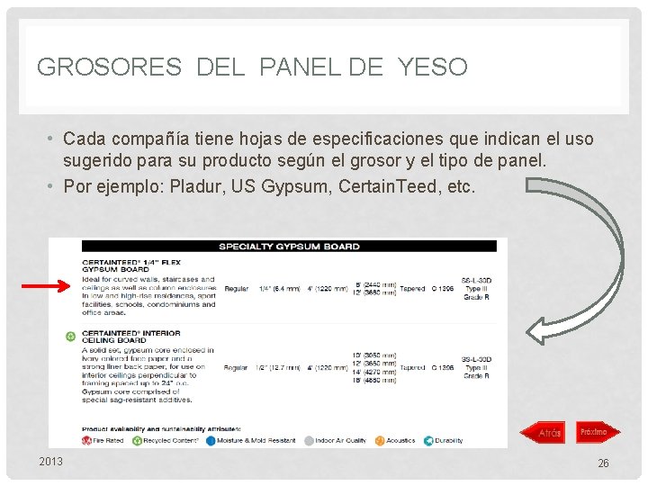 GROSORES DEL PANEL DE YESO • Cada compañía tiene hojas de especificaciones que indican