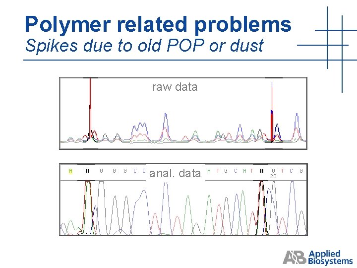 Polymer related problems Spikes due to old POP or dust raw data anal. data Polymer related problems Spikes due to old POP or dust raw data anal. data