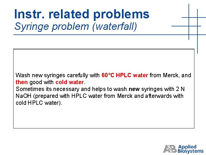 Instr. related problems Syringe problem (waterfall) Wash new syringes carefully with 60°C HPLC water Instr. related problems Syringe problem (waterfall) Wash new syringes carefully with 60°C HPLC water