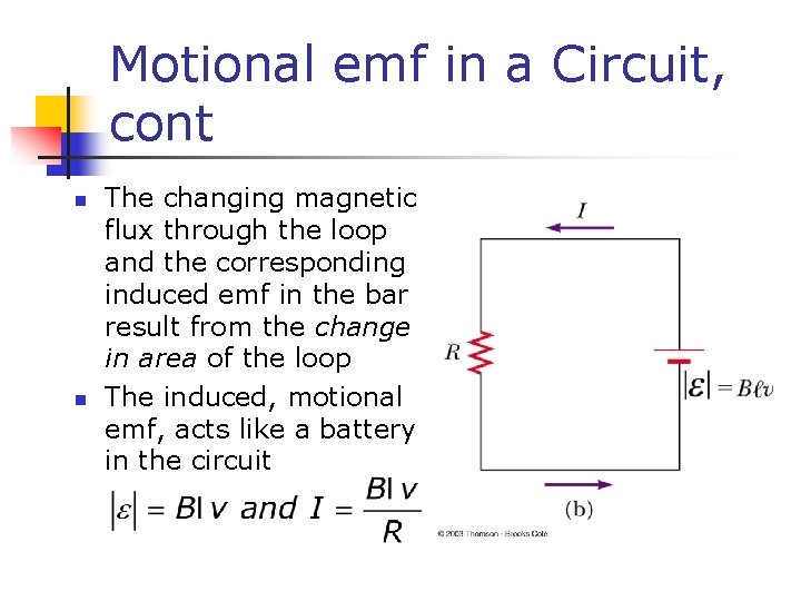 Motional emf in a Circuit, cont n n The changing magnetic flux through the