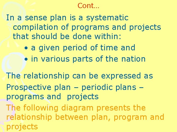 Cont… In a sense plan is a systematic compilation of programs and projects that