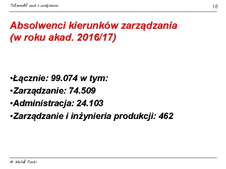 Tożsamość nauk o zarządzaniu Absolwenci kierunków zarządzania (w roku akad. 2016/17) • Łącznie: 99.