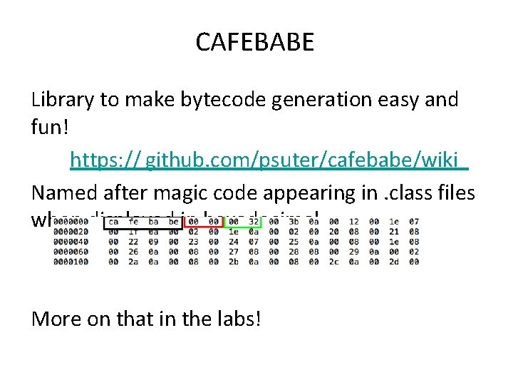 CAFEBABE Library to make bytecode generation easy and fun! https: // github. com/psuter/cafebabe/wiki Named CAFEBABE Library to make bytecode generation easy and fun! https: // github. com/psuter/cafebabe/wiki Named