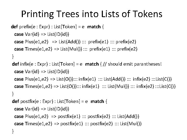 Printing Trees into Lists of Tokens def prefix(e : Expr) : List[Token] = e