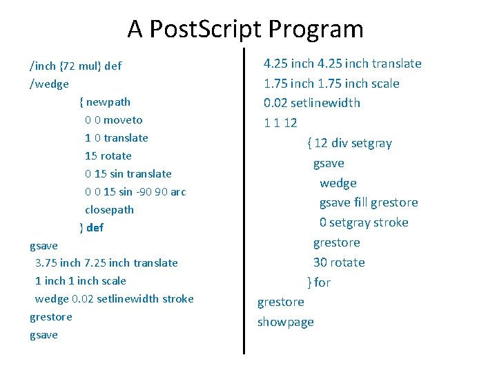 A Post. Script Program /inch {72 mul} def /wedge { newpath 0 0 moveto A Post. Script Program /inch {72 mul} def /wedge { newpath 0 0 moveto