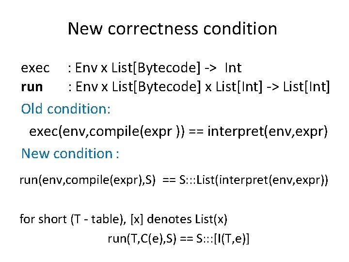 New correctness condition exec : Env x List[Bytecode] -> Int run : Env x