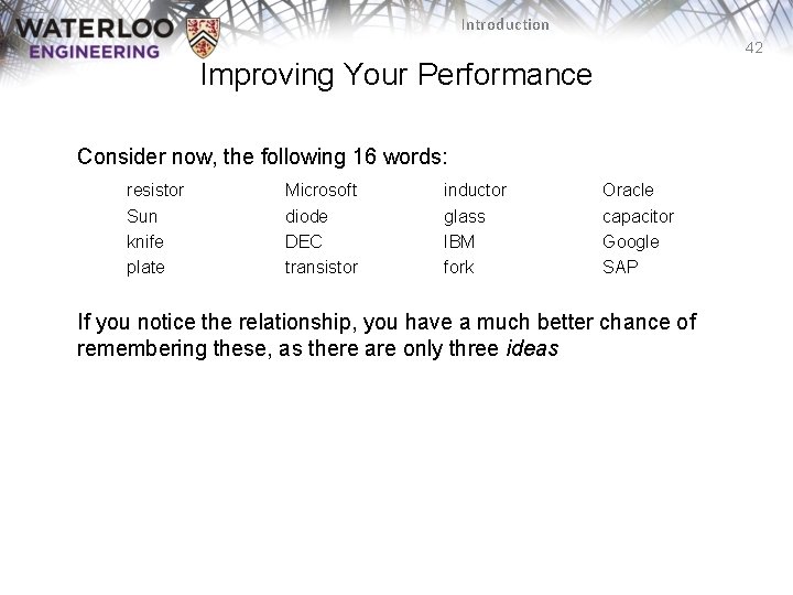 Introduction 42 Improving Your Performance Consider now, the following 16 words: resistor Sun knife