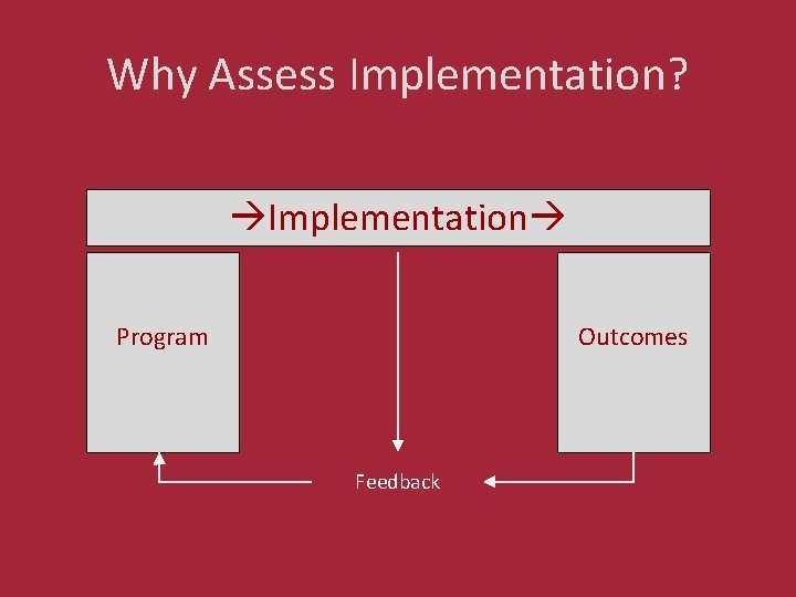 Why Assess Implementation? Implementation Program Outcomes Feedback 