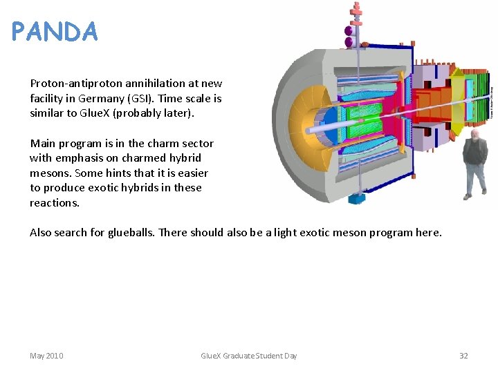PANDA Proton-antiproton annihilation at new facility in Germany (GSI). Time scale is similar to
