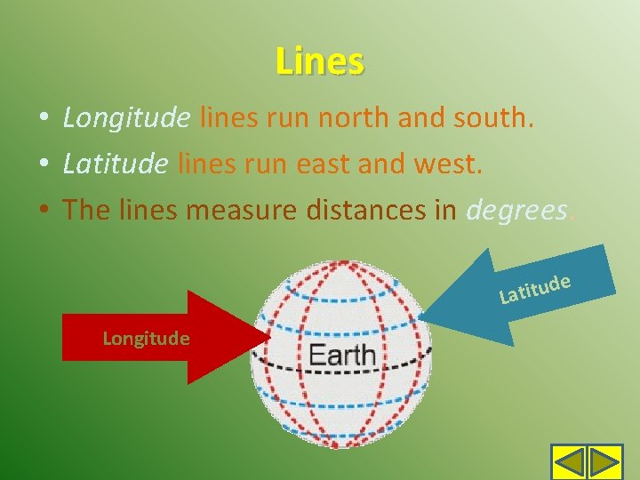 Lines • Longitude lines run north and south. • Latitude lines run east and