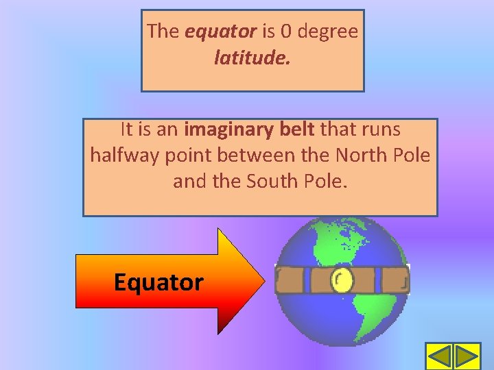 The equator is 0 degree latitude. It is an imaginary belt that runs halfway