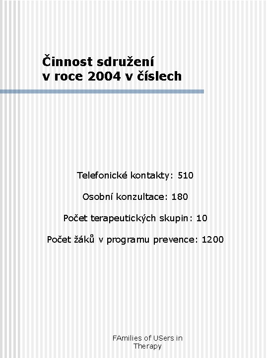 Činnost sdružení v roce 2004 v číslech Telefonické kontakty: 510 Osobní konzultace: 180 Počet