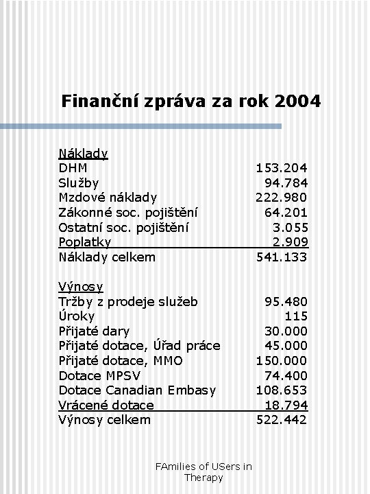 Finanční zpráva za rok 2004 Náklady DHM Služby Mzdové náklady Zákonné soc. pojištění Ostatní