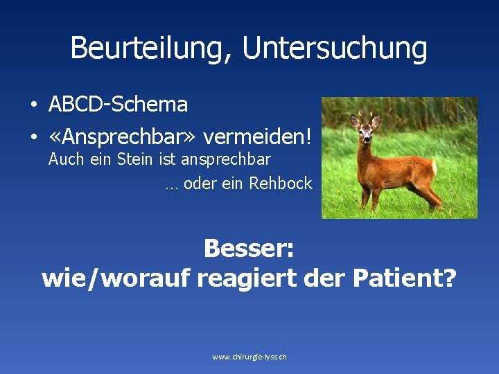 Beurteilung, Untersuchung • ABCD-Schema • «Ansprechbar» vermeiden! Auch ein Stein ist ansprechbar … oder