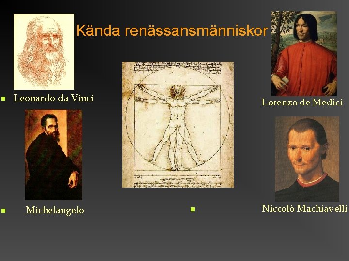 Kända renässansmänniskor Leonardo da Vinci Lorenzo de Medici Michelangelo Niccolò Machiavelli 