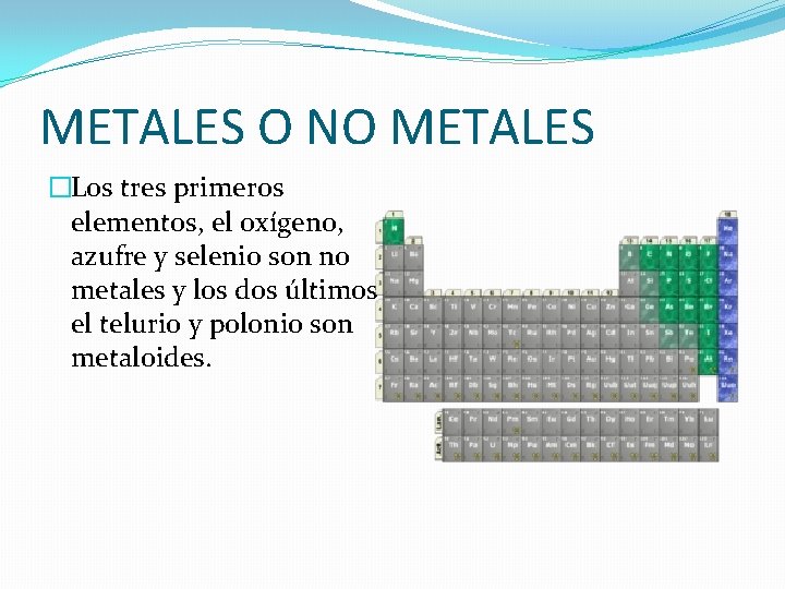 METALES O NO METALES �Los tres primeros elementos, el oxígeno, azufre y selenio son METALES O NO METALES �Los tres primeros elementos, el oxígeno, azufre y selenio son