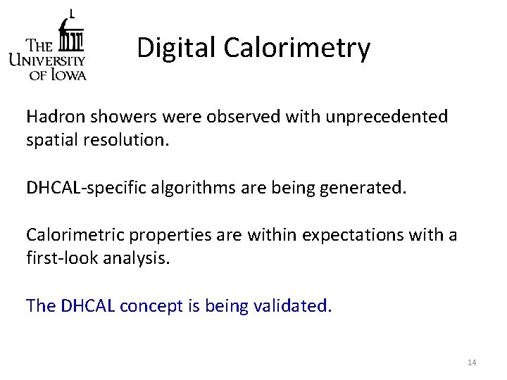 Digital Calorimetry Hadron showers were observed with unprecedented spatial resolution. DHCAL specific algorithms are