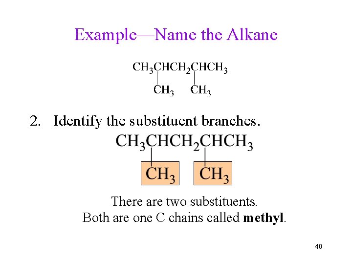 Example—Name the Alkane 2. Identify the substituent branches. There are two substituents. Both are