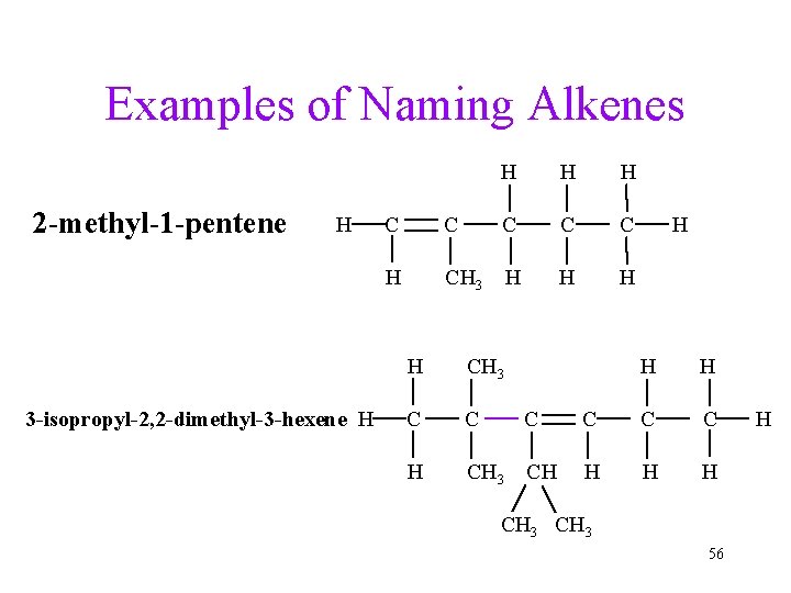 Examples of Naming Alkenes 2 -methyl-1 -pentene H 3 -isopropyl-2, 2 -dimethyl-3 -hexene H