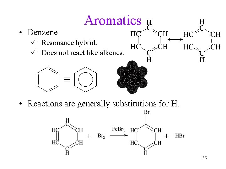 Aromatics • Benzene ü Resonance hybrid. ü Does not react like alkenes. • Reactions