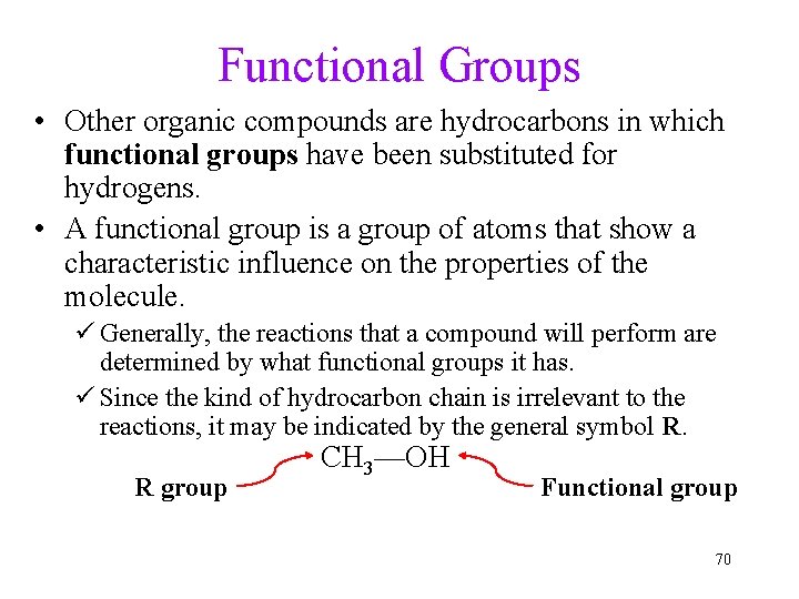 Functional Groups • Other organic compounds are hydrocarbons in which functional groups have been