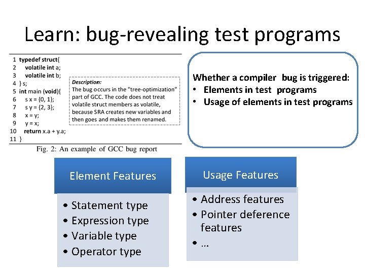 Learn: bug-revealing test programs Whether a compiler bug is triggered: • Elements in test