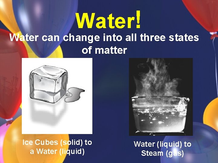 Water! Water can change into all three states of matter Ice Cubes (solid) to