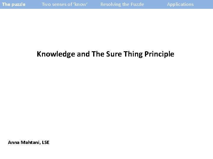 The puzzle Two senses of ‘know’ Resolving the Puzzle Applications Knowledge and The Sure