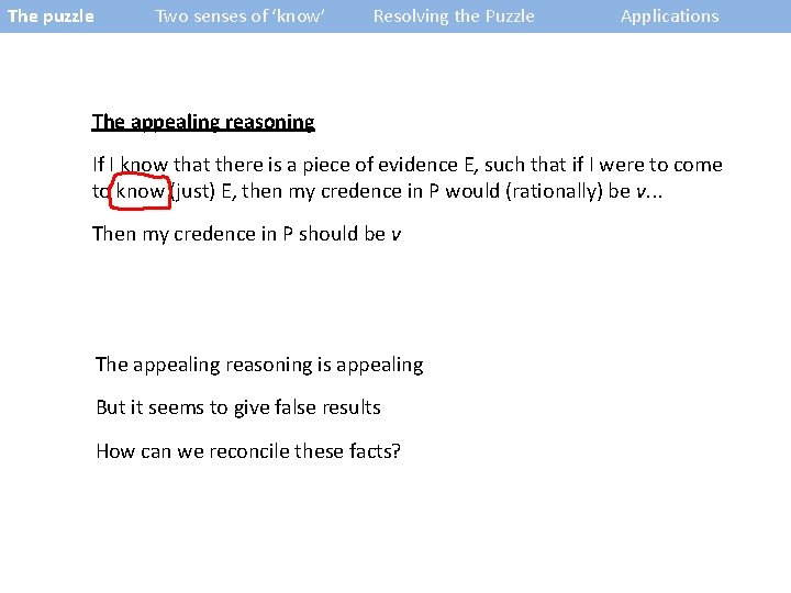 The puzzle Two senses of ‘know’ Resolving the Puzzle Applications The appealing reasoning If