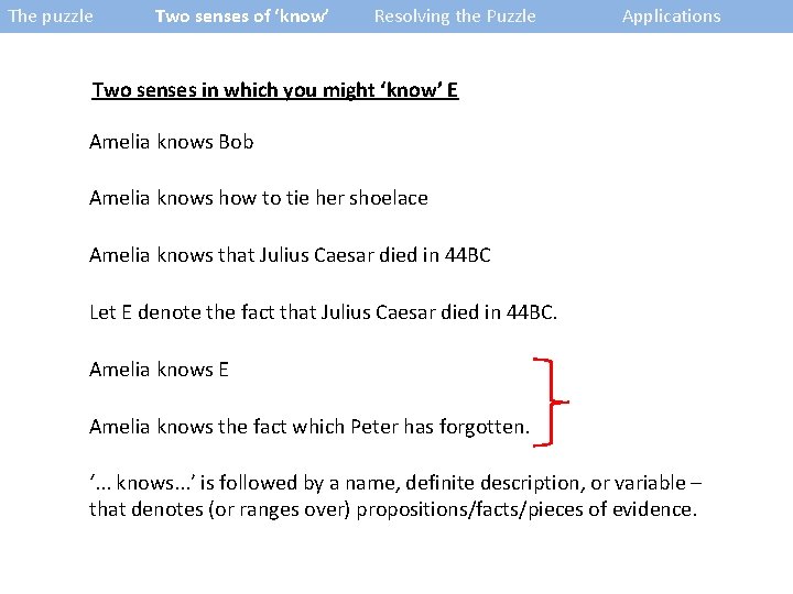 The puzzle Two senses of ‘know’ Resolving the Puzzle Applications Two senses in which