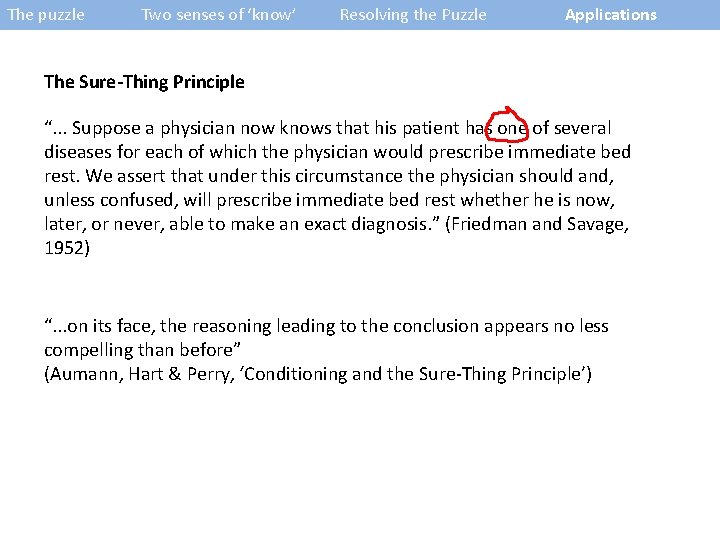 The puzzle Two senses of ‘know’ Resolving the Puzzle Applications The Sure-Thing Principle “.