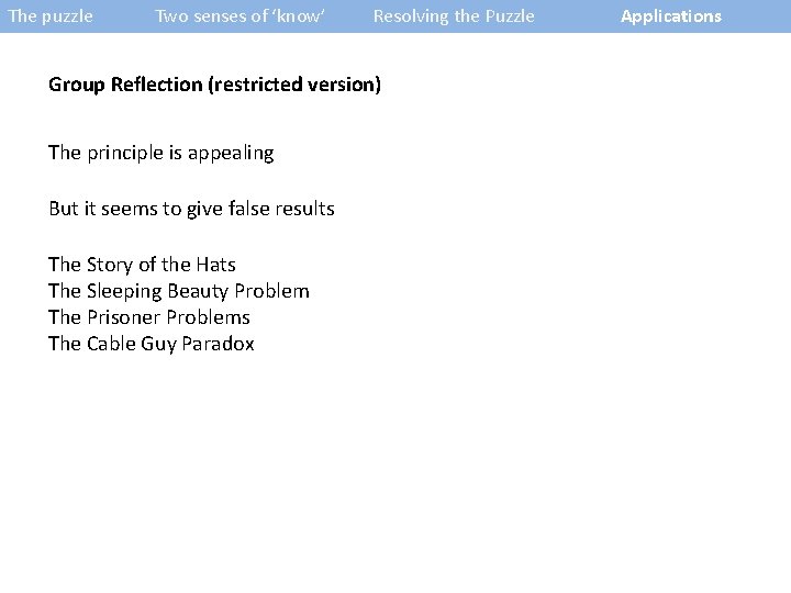 The puzzle Two senses of ‘know’ Resolving the Puzzle Group Reflection (restricted version) The