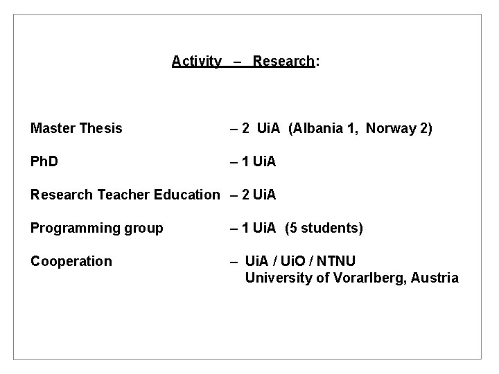 Activity – Research: Master Thesis – 2 Ui. A (Albania 1, Norway 2) Ph.