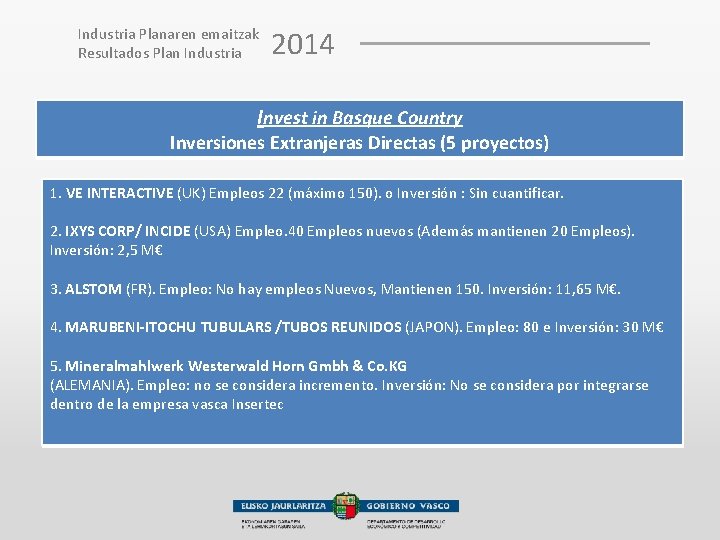 Industria Planaren emaitzak Resultados Plan Industria 2014 Invest in Basque Country Inversiones Extranjeras Directas