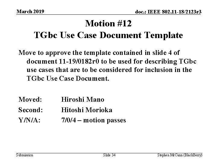 March 2019 doc. : IEEE 802. 11 -18/2123 r 3 Motion #12 TGbc Use