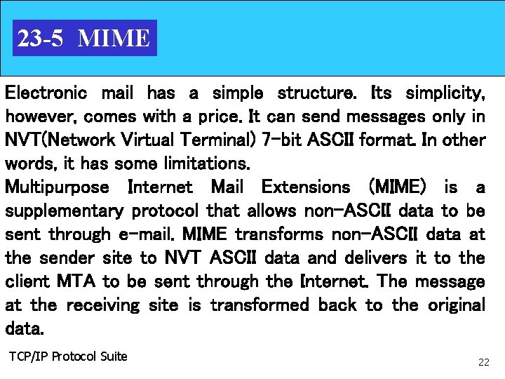 23 -5 MIME Electronic mail has a simple structure. Its simplicity, however, comes with