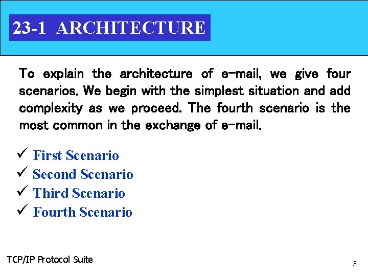 23 -1 ARCHITECTURE To explain the architecture of e-mail, we give four scenarios. We
