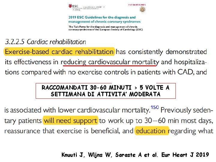 RACCOMANDATI 30 -60 MINUTI > 5 VOLTE A SETTIMANA DI ATTIVITA’ MODERATA Knuuti J,