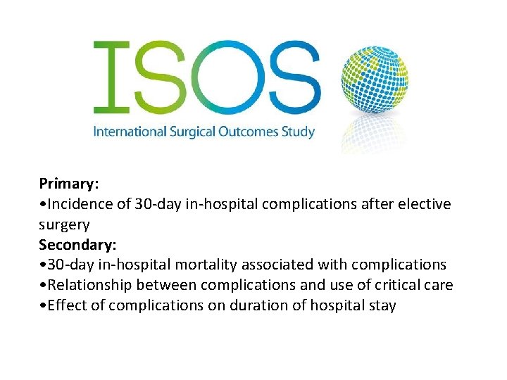 Primary: • Incidence of 30 -day in-hospital complications after elective surgery Secondary: • 30