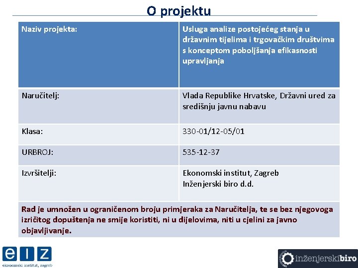 O projektu Naziv projekta: Usluga analize postojećeg stanja u državnim tijelima i trgovačkim društvima