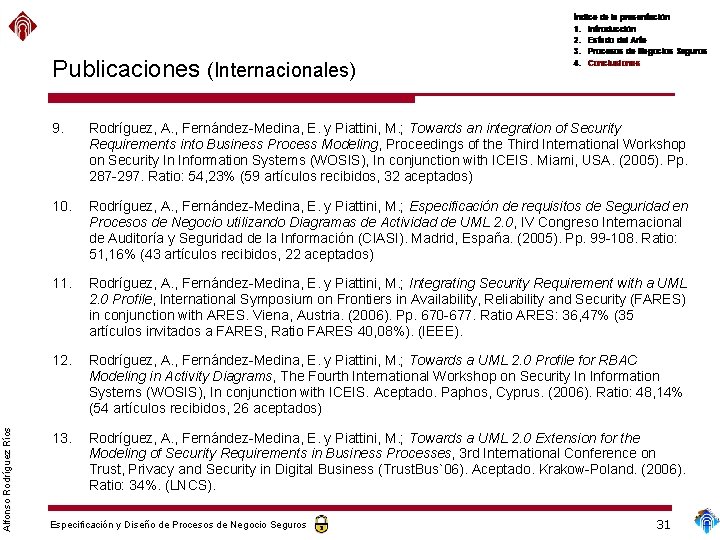 Alfonso Rodríguez Ríos Publicaciones (Internacionales) 9. Rodríguez, A. , Fernández-Medina, E. y Piattini, M.