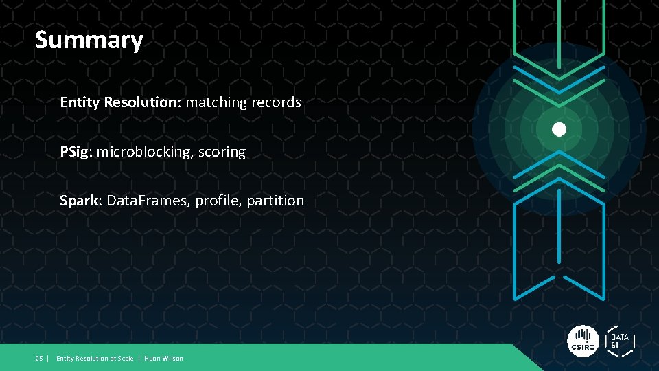 Summary Entity Resolution: matching records PSig: microblocking, scoring Spark: Data. Frames, profile, partition 25