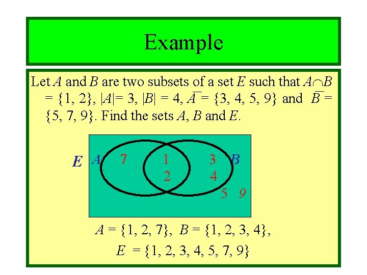Module #3 - Sets Example Let A and B are two subsets of a