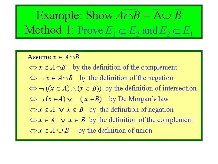 Module #3 - Sets Example: Show A B = A B Method 1: Prove