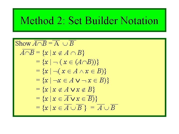 Module #3 - Sets Method 2: Set Builder Notation Show A B = A