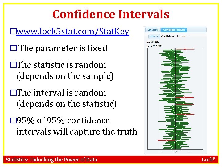 Confidence Intervals �www. lock 5 stat. com/Stat. Key � The parameter is fixed �The